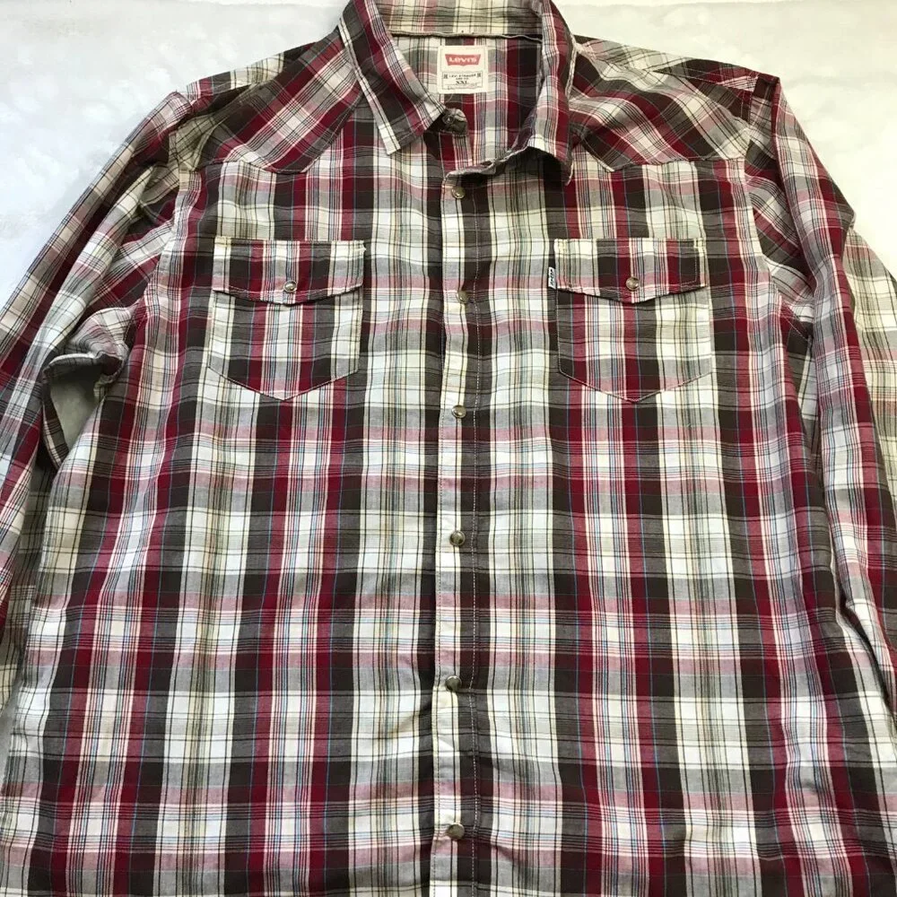 Levi's Pearl Snap Button Down Shirt Men's XXL Plaid‎ Long Sleeves Cotton Blend